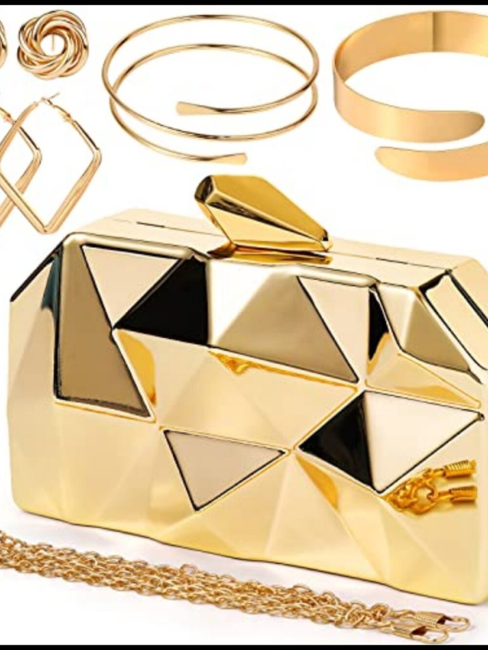 Gold Clutch Purse Set with Earrings and Arm Cuffs Evening Handbag